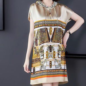 Tan Elegant Print Dress with Hood